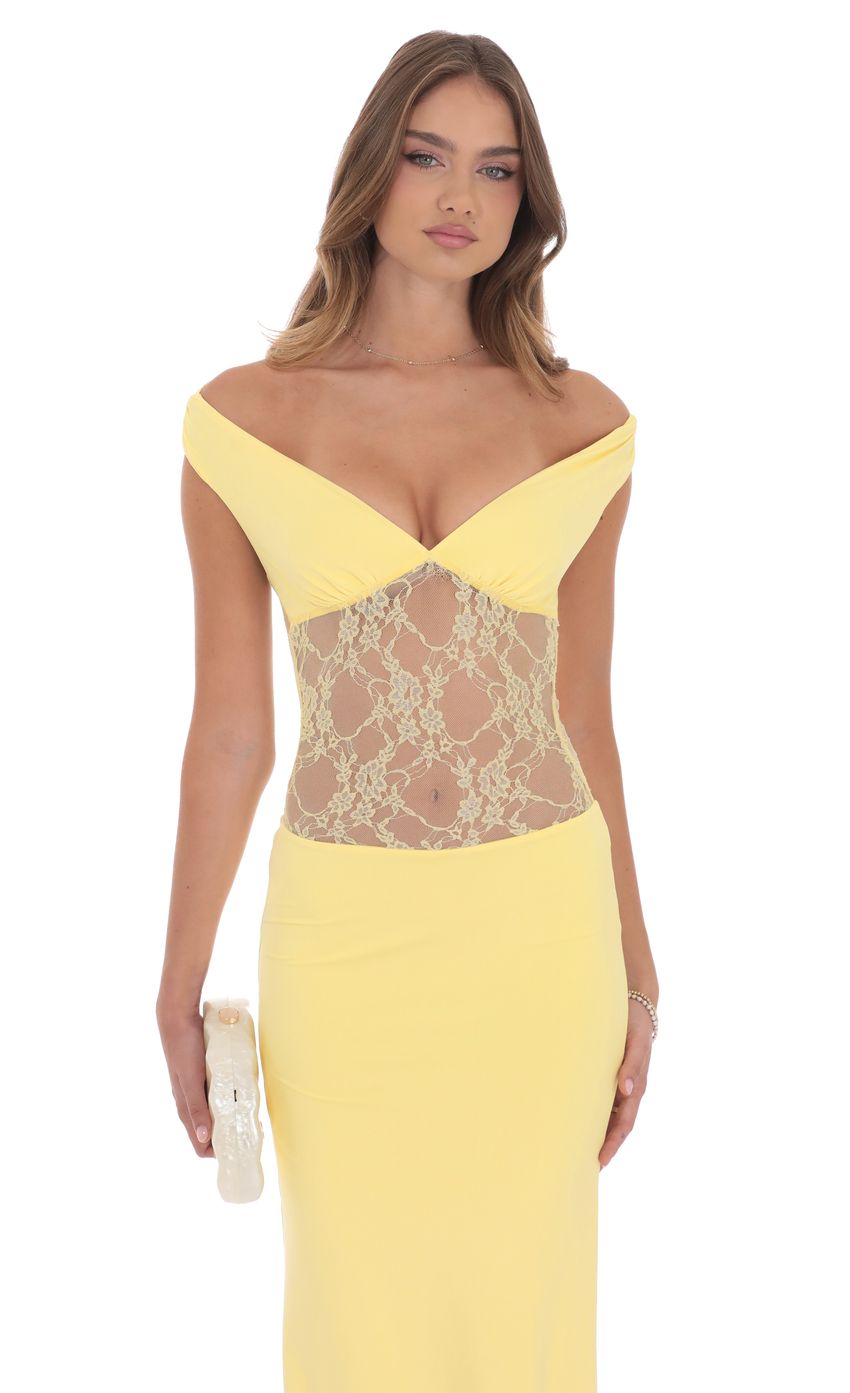 Lucy In The Sky Off Shoulder Lace Cutout Maxi Dress in Yellow