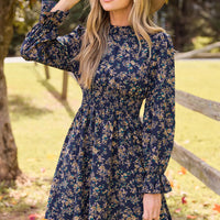 Cupshe Blue Floral Standing Collar Long Sleeve Ruffle Cuff Mini Dress