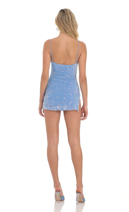 Lucy In The Sky Velvet Iridescent Sequin Bodycon Dress in Blue