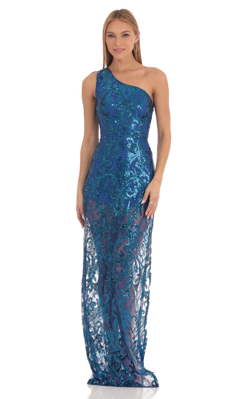 Lucy in the Sky Sequin One Shoulder Maxi Dress in Blue