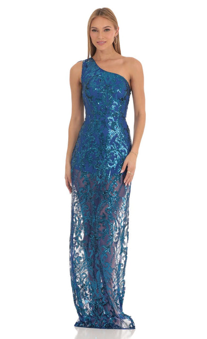 Lucy in the Sky Sequin One Shoulder Maxi Dress in Blue