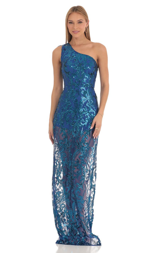 Lucy in the Sky Sequin One Shoulder Maxi Dress in Blue