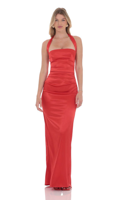 Lucy In The Sky Satin Halter Maxi Dress in Red