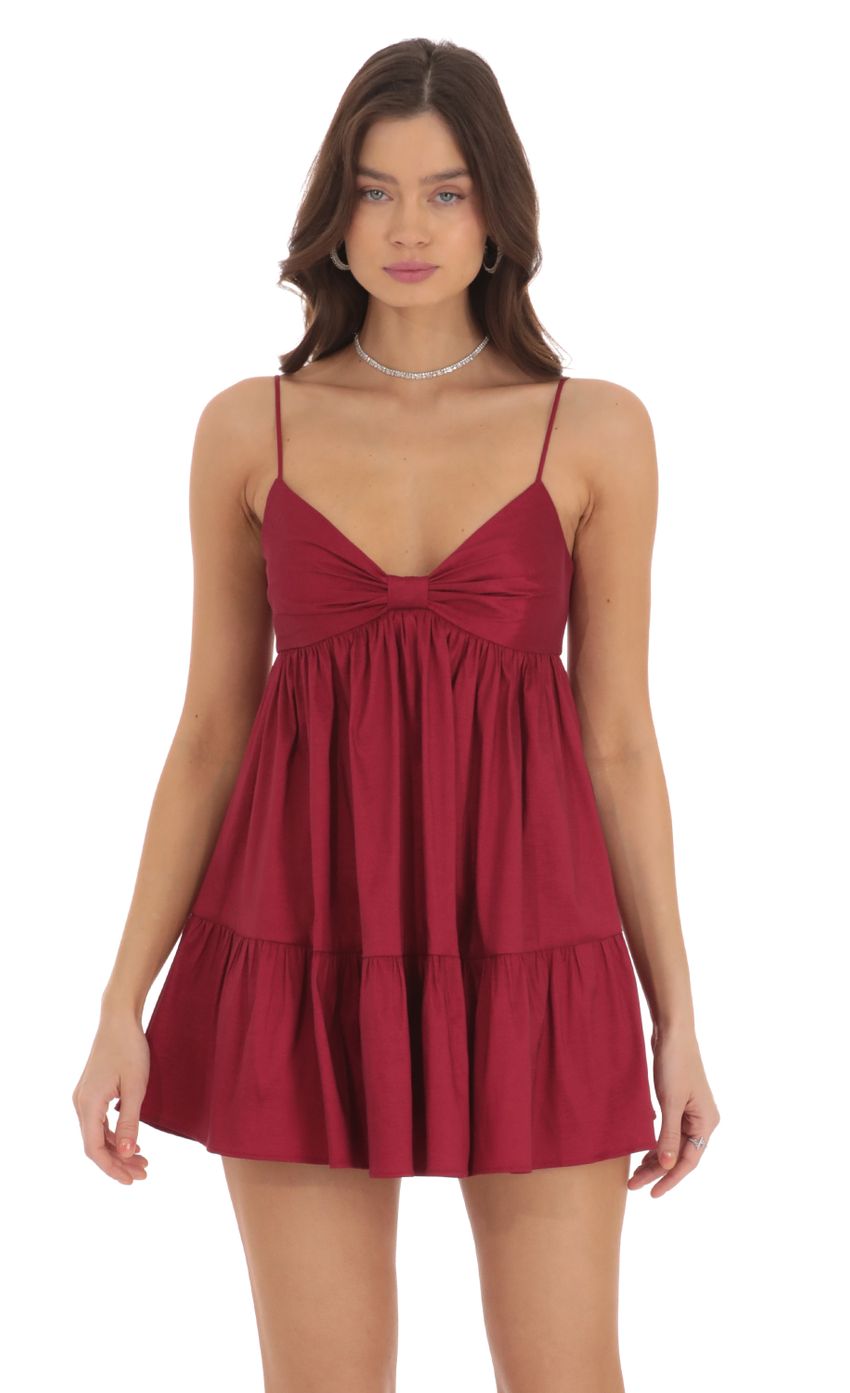 Lucy In The Sky Bow Babydoll Dress in Maroon