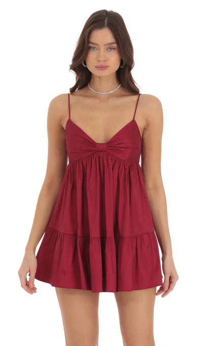 Lucy In The Sky Bow Babydoll Dress in Maroon
