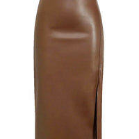 Ursime Casual PU Leather High Rise Slit Bodycon Midi Skirt