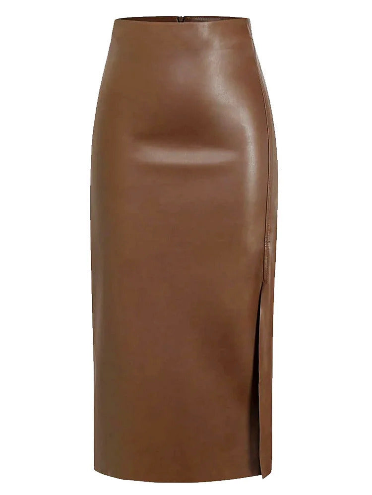 Ursime Casual PU Leather High Rise Slit Bodycon Midi Skirt