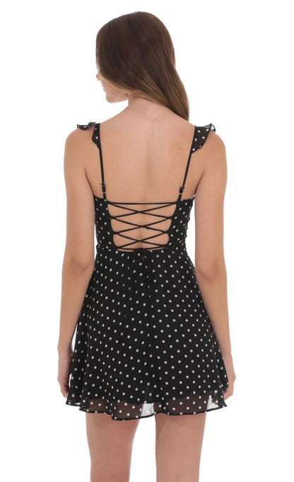 Lucy In The Sky Polka Dot Ruffle Strap A-Line Dress in Black