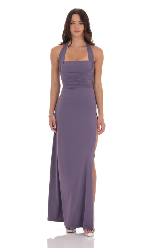 Lucy in the Sky Halter Ruched Maxi Dress in Purple Smoke