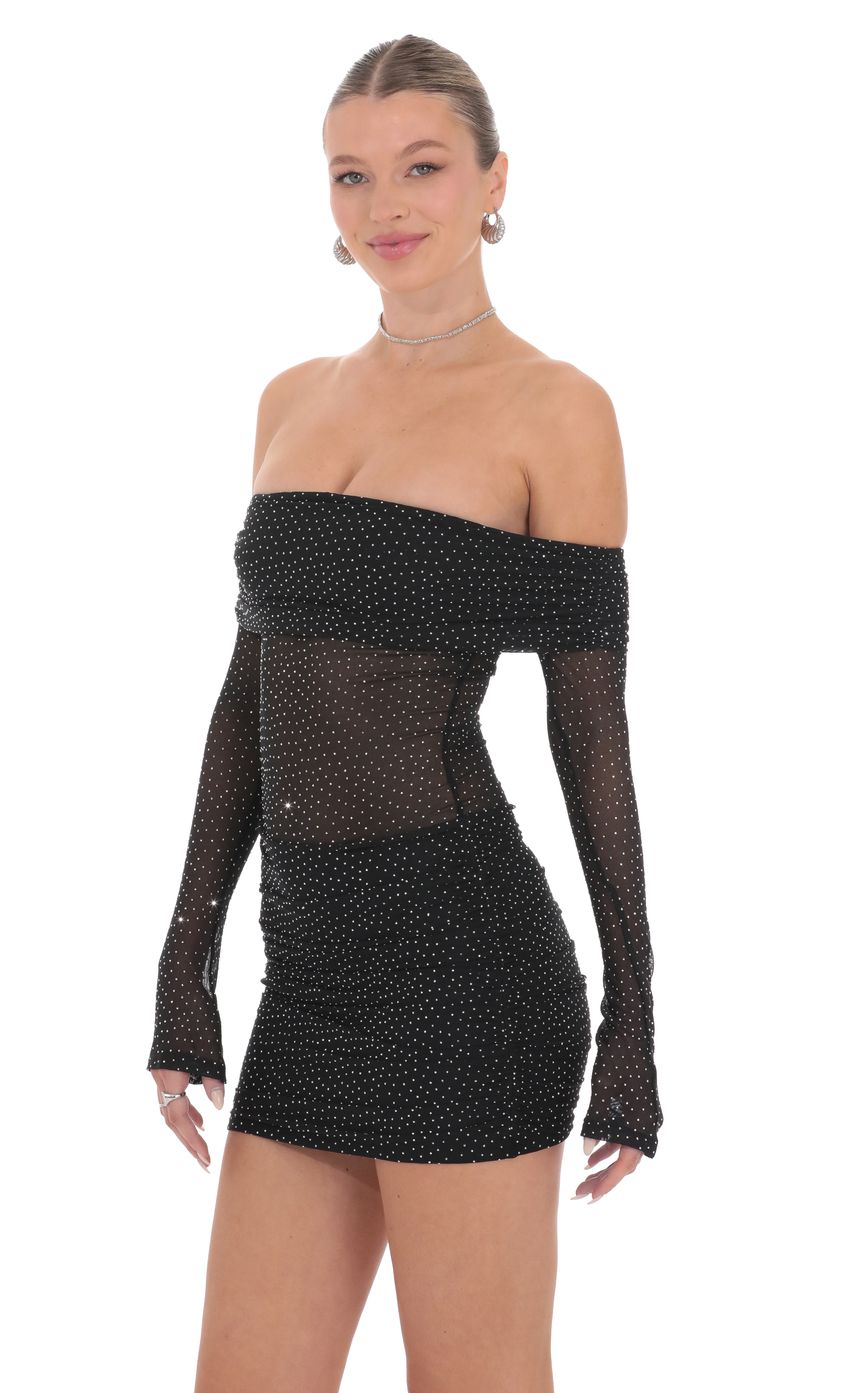 Lucy In The Sky Rhinestone Mesh Off Shoulder Dress in Black