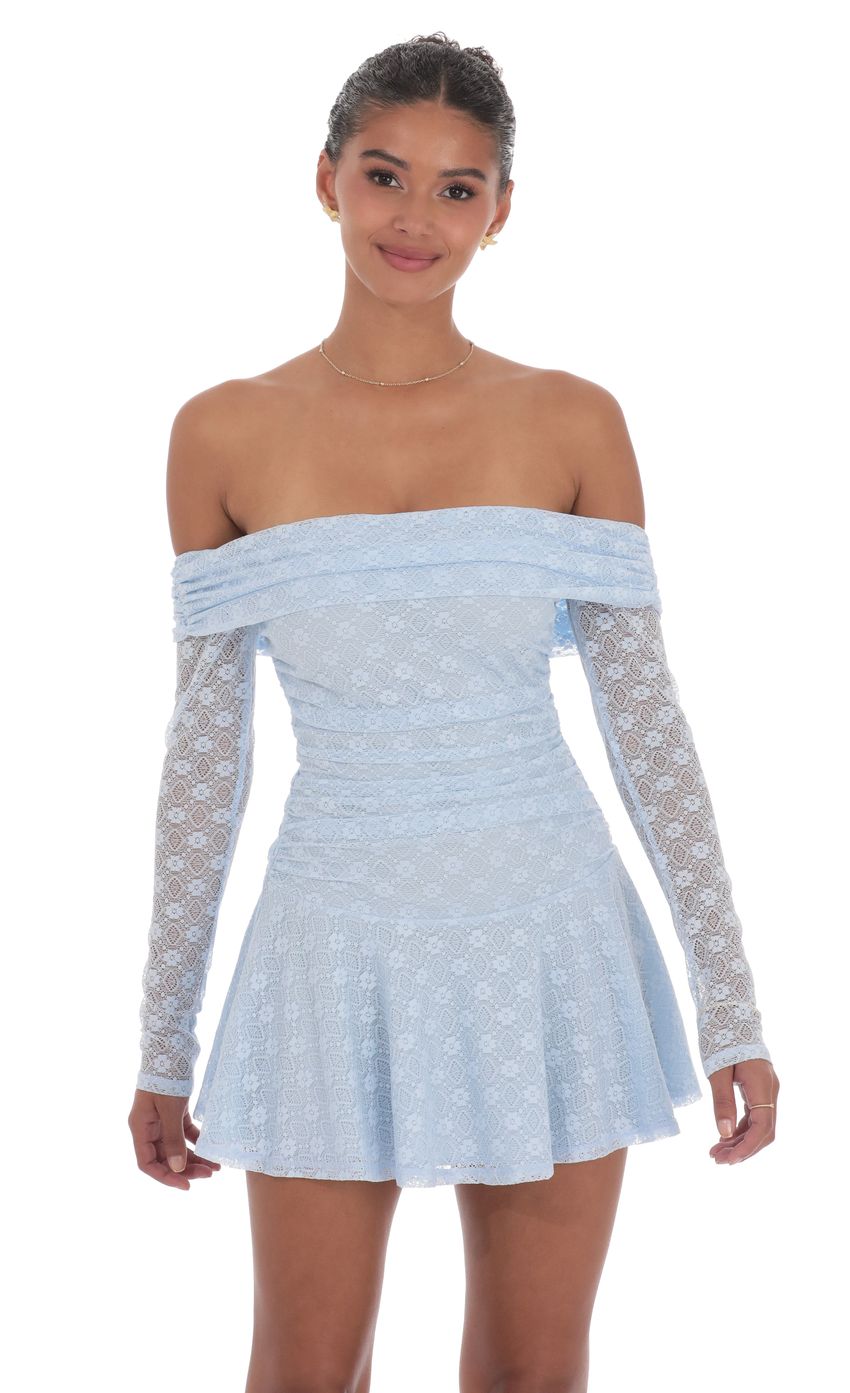 Lucy In The Sky Lace Off Shoulder Flare Dress in Light Blue