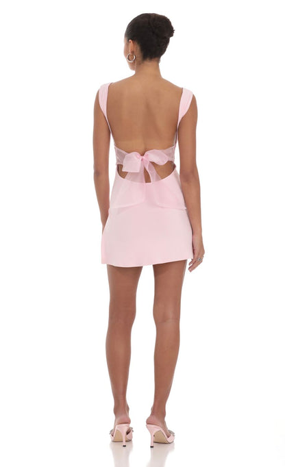 Lucy In The Sky Tulle Back Bow Ruched Bodycon Dress in Pink