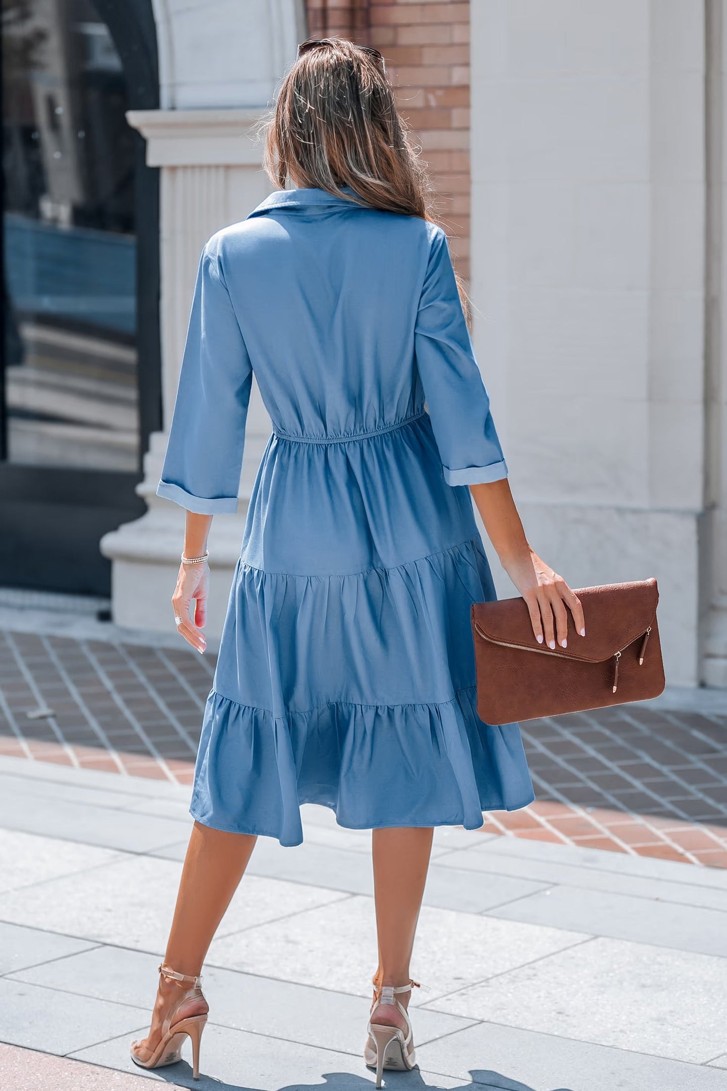 Cupshe Blue Collared Front Button Half Sleeve Midi Dress(X2)