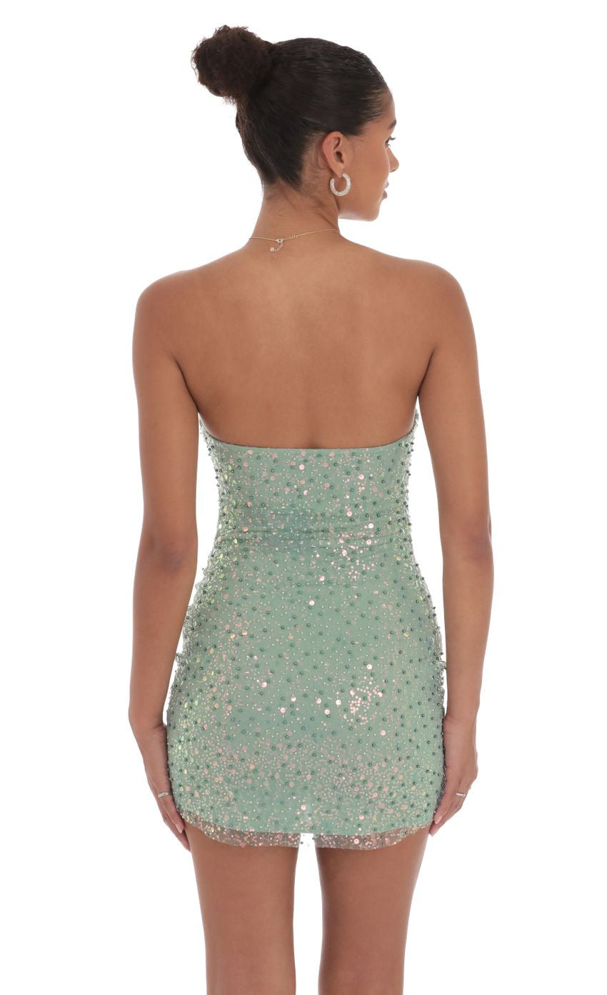 Lucy in the Sky Strapless Sequin Beaded Dress in Sage Green