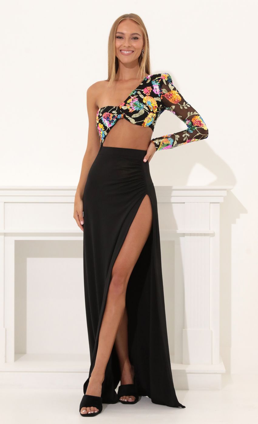Lucy In The Sky One Shoulder Sequin Maxi Dress in Black