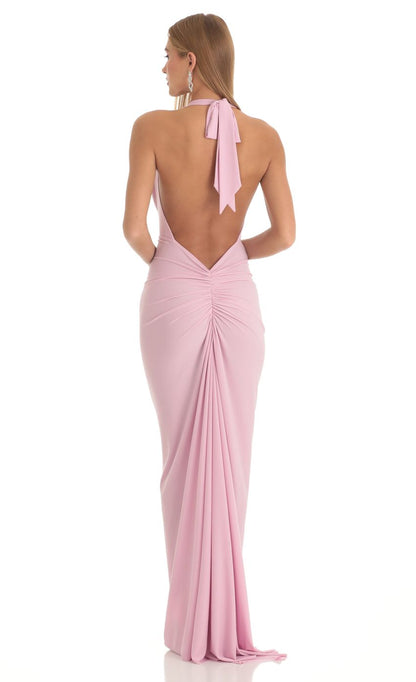 Lucy in the Sky Gathered Back Halter BodyCon Maxi Dress in Pink