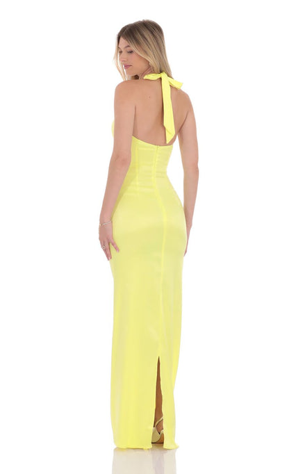 Lucy In The Sky Satin Halter Maxi Dress in Yellow
