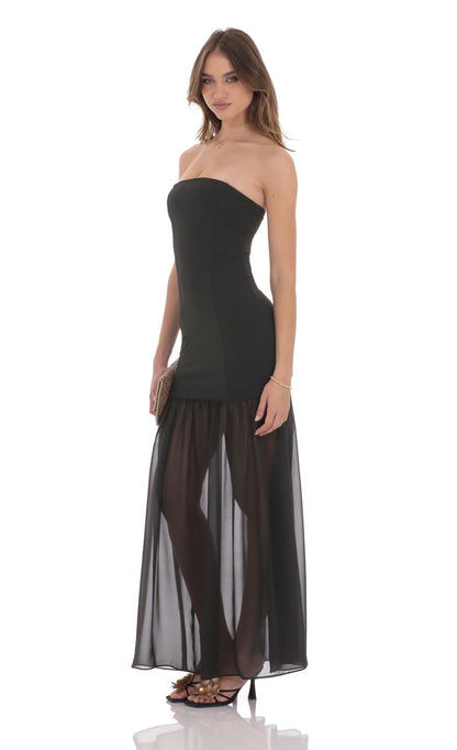 Lucy In The Sky Strapless Chiffon Drop Skirt Maxi Dress in Black