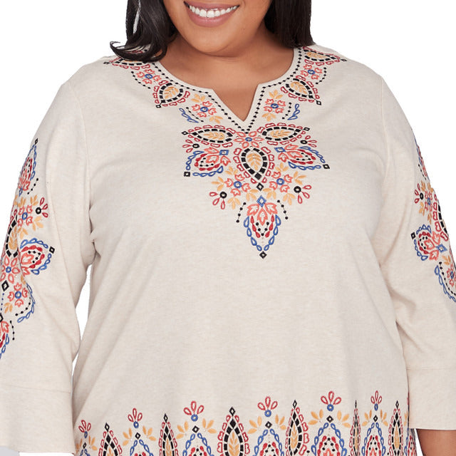 Alfred Dunner Women's Medallion Embroidered Flutter Sleeve Top