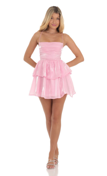 Lucy In The Sky Shimmer Lace Up Dress in Pink