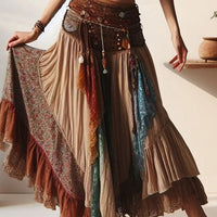 Ursime Boho Patchwork Floral Lace Trim Tiered Maxi Skirt