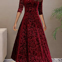 Ursime Elegant Velvet Jacquard V Neck Long Sleeve Midi Dress