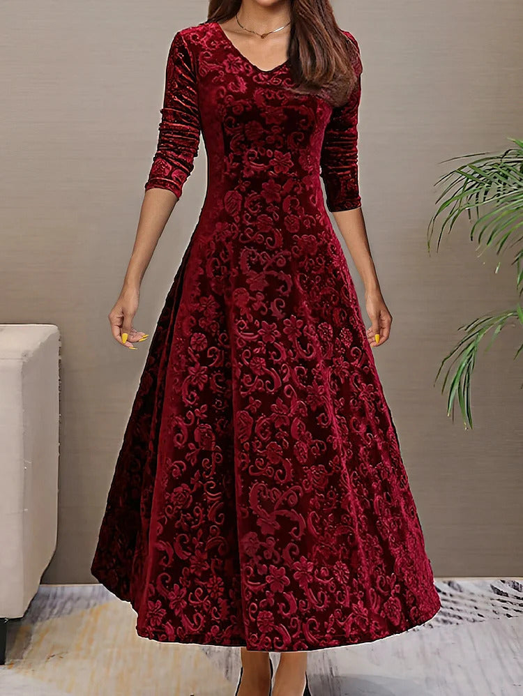 Ursime Elegant Velvet Jacquard V Neck Long Sleeve Midi Dress