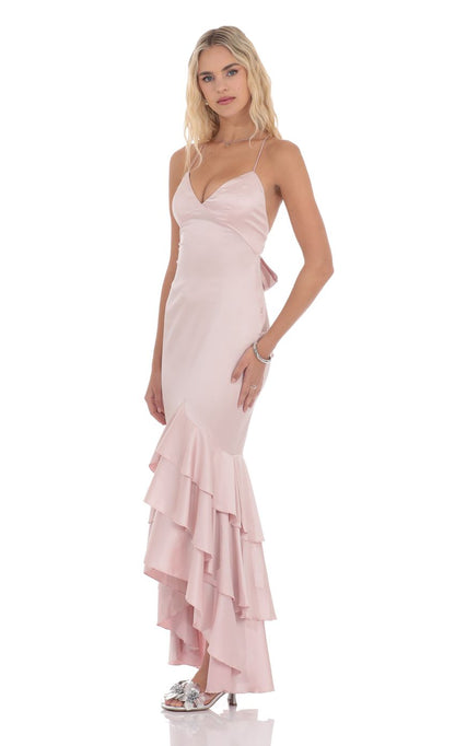Lucy In The Sky Satin Ruffle Fishtail Maxi Dress in Pink