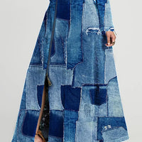 Ursime Denim Print Patchwork Zipper Long Sleeve Maxi Dress