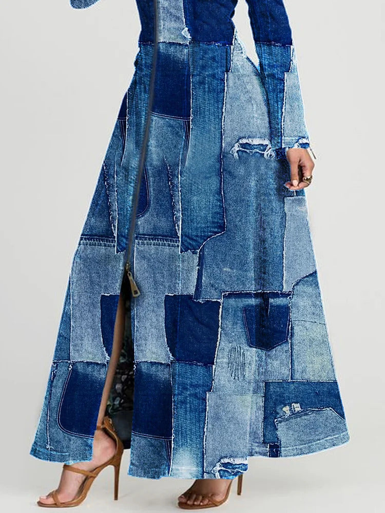 Ursime Denim Print Patchwork Zipper Long Sleeve Maxi Dress