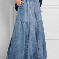 Ursime Casual Elastic Waist Pocket Raw Edge Denim Maxi Skirt