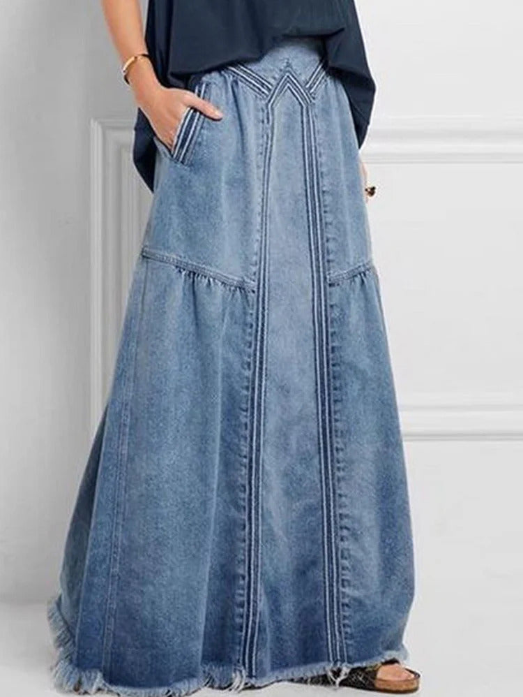 Ursime Casual Elastic Waist Pocket Raw Edge Denim Maxi Skirt