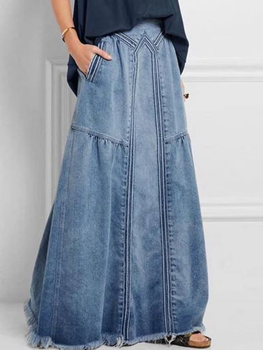 Ursime Casual Elastic Waist Pocket Raw Edge Denim Maxi Skirt