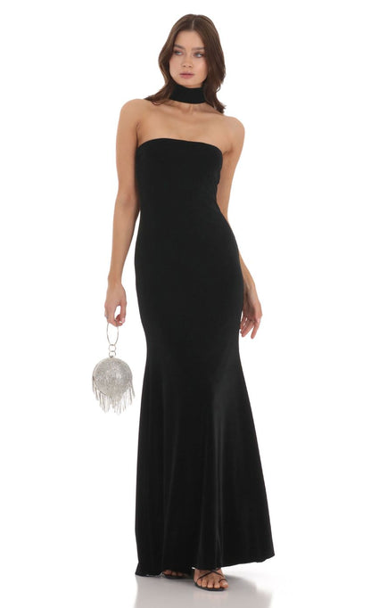 Lucy In The Sky Velvet Reverse Halter Dress in Black