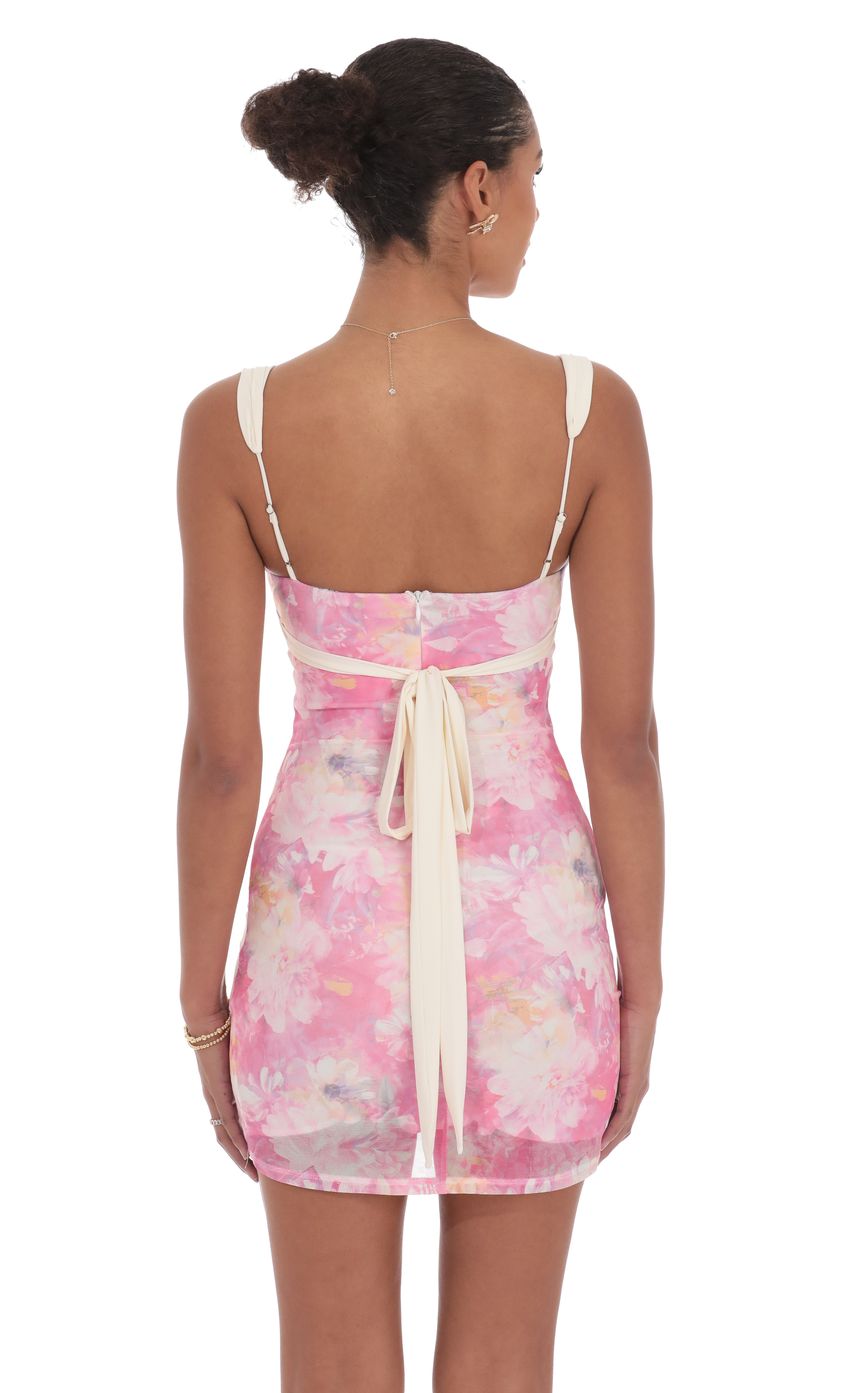 Lucy In The Sky Two-Tone Floral Mesh Bodycon Dress in Pink
