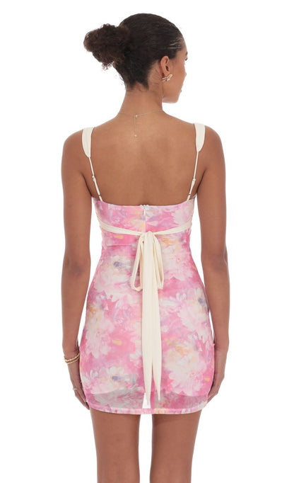 Lucy In The Sky Two-Tone Floral Mesh Bodycon Dress in Pink