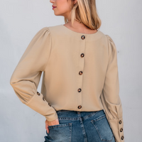 Cupshe Khaki Round Neck Puff Sleeve Back Button Blouse (x2)