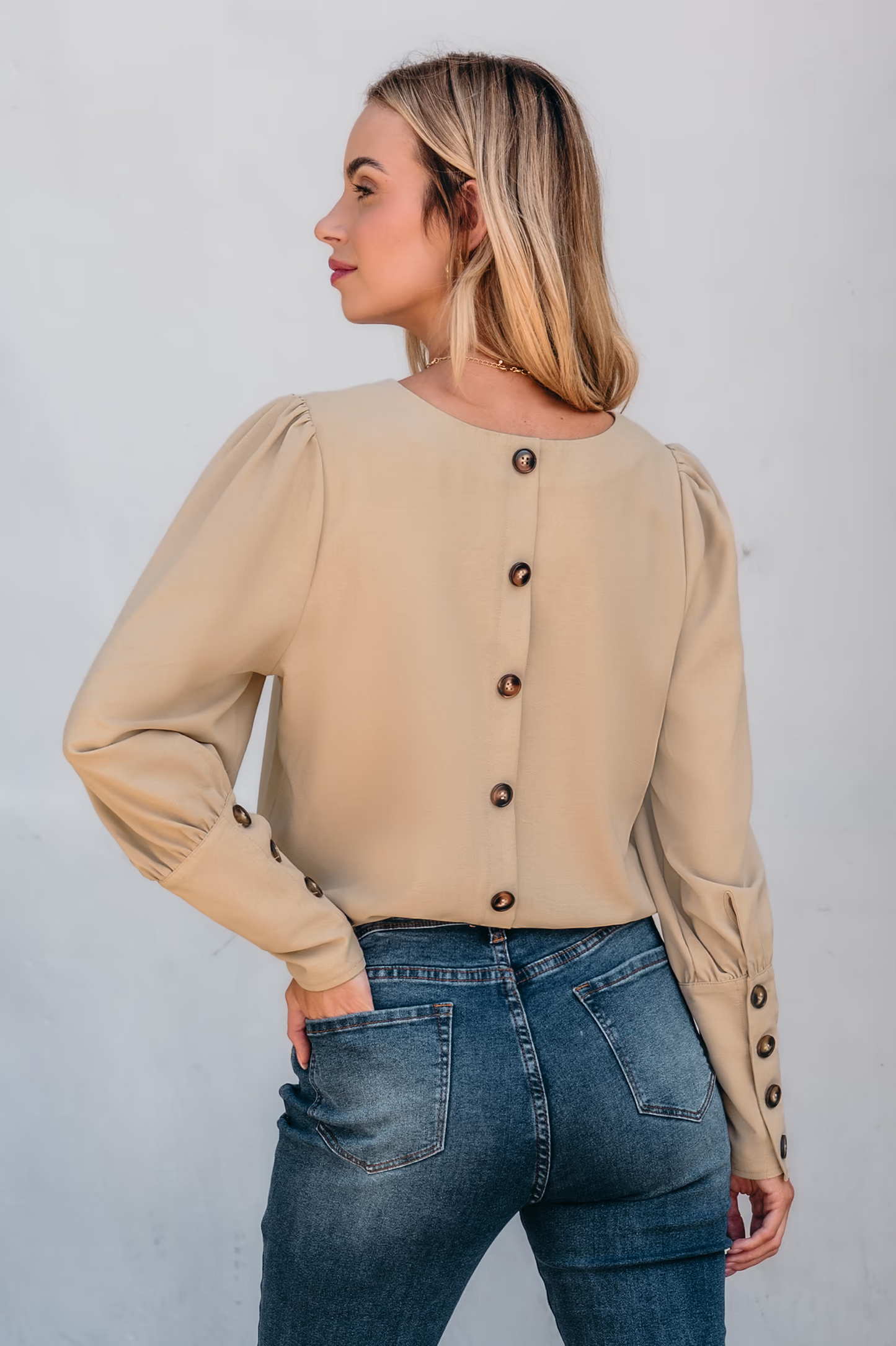 Cupshe Khaki Round Neck Puff Sleeve Back Button Blouse (x2)