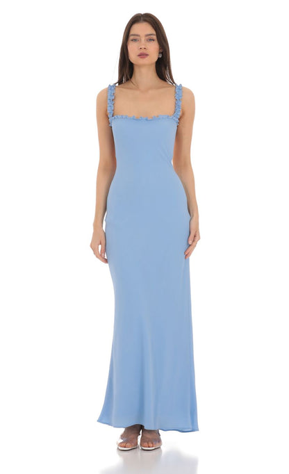 Lucy In The Sky Square Neck Ruffle Strap Maxi Dress in Blue