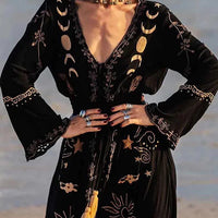 Ursime Vintage Embroidered V Neck Lace-up Long Sleeve Maxi Dress