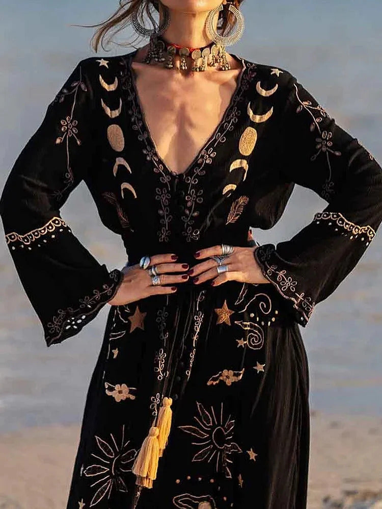 Ursime Vintage Embroidered V Neck Lace-up Long Sleeve Maxi Dress