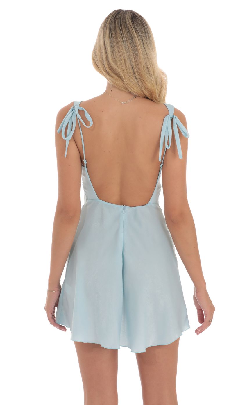 Lucy In The Sky Satin Lace Trim Open Back Dress in Blue