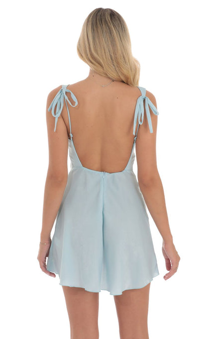 Lucy In The Sky Satin Lace Trim Open Back Dress in Blue