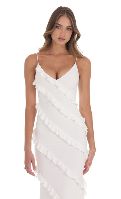 Lucy In The Sky Ruffle V-Neck Maxi Dress in White