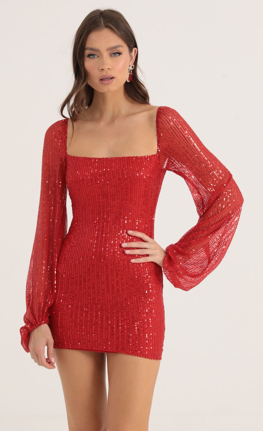 Lucy in the Sky Sequin Open Back Long Sleeve Dress in Red