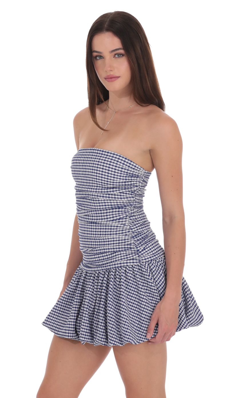 Lucy in the Sky Gingham Strapless Bubble Dress in White and Blue