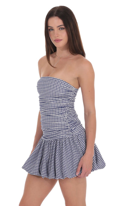 Lucy in the Sky Gingham Strapless Bubble Dress in White and Blue