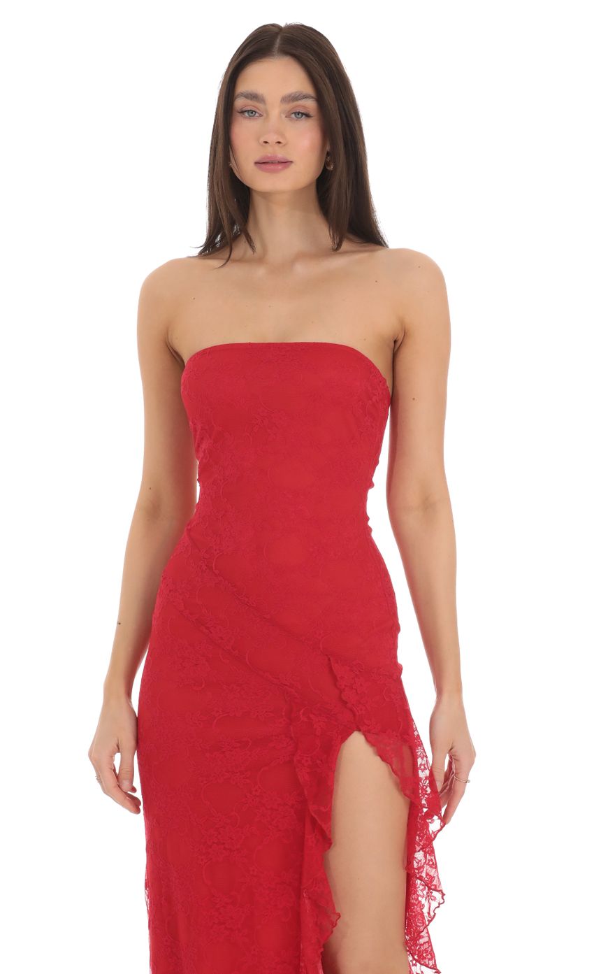 Lucy in the Sky Strapless Lace Ruffle Slit Dress in Red