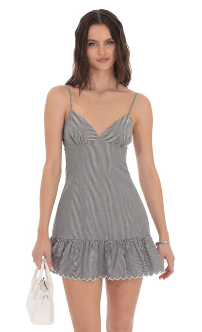 Lucy In The Sky Pinstripe Scallop Ruffle Dress in Grey