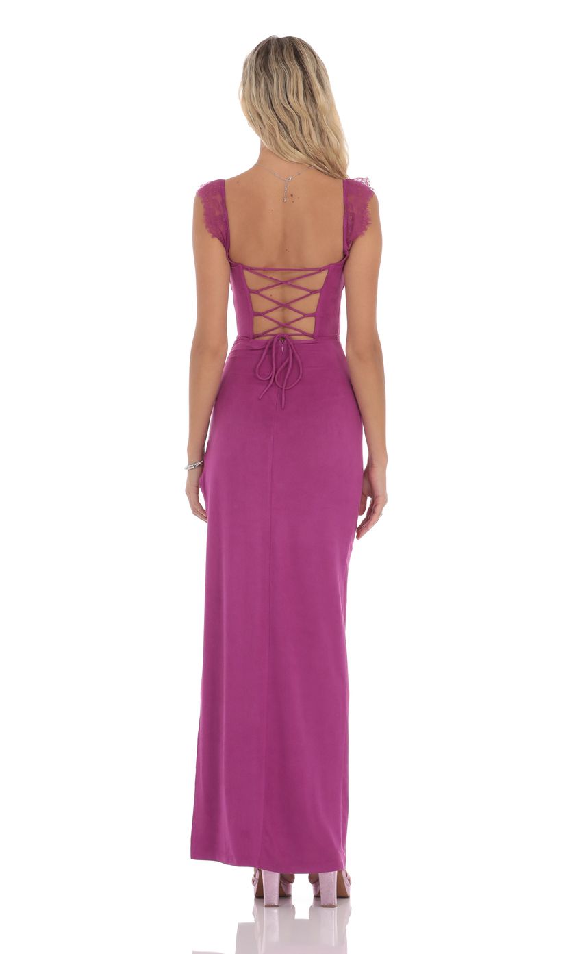 Lucy In The Sky Suede Draped Lace Maxi Dress in Magenta